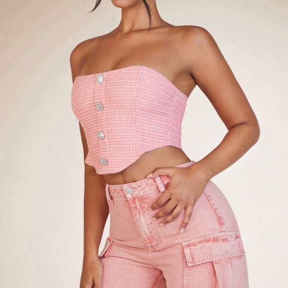 Pink Preppy Womens Plaid Print Button Front Tube Top - Picture 4 of 5